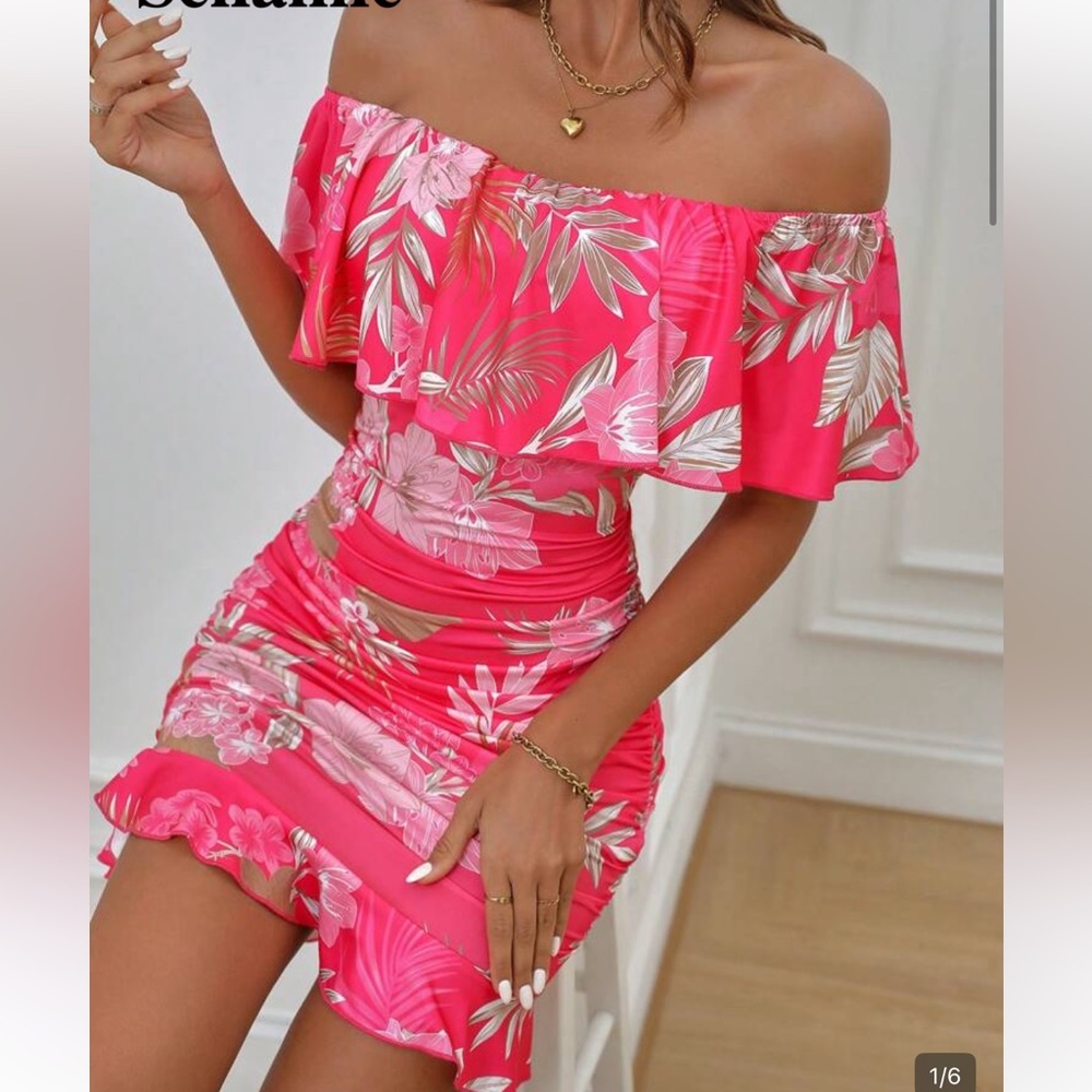 SHEIN Hot Pink Tropical Off-Shoulder Ruffle Bodycon Dress